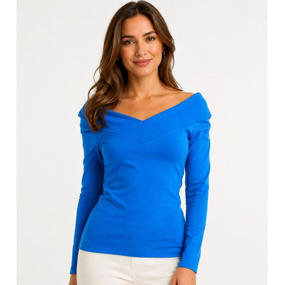 Karen Millen Cerulean Blue Long Sleeve V-Neck Top Blouse